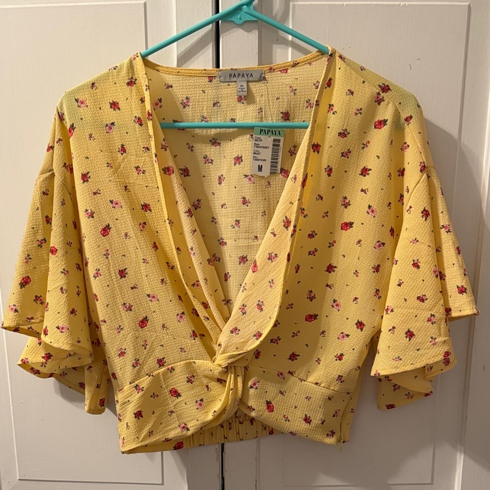 NWT Yellow Floral Blouse with Red Accents